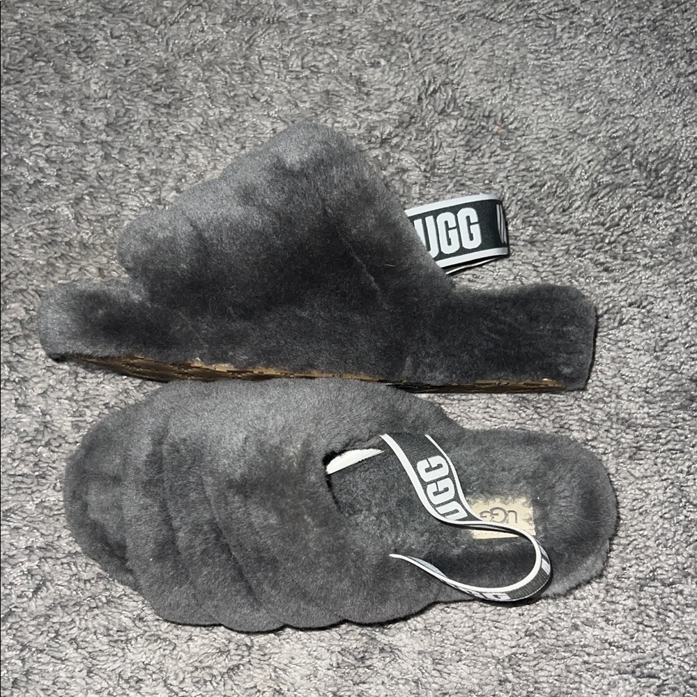 UGG Grey Fluffy Slide Sandals with Branded Heel Strap